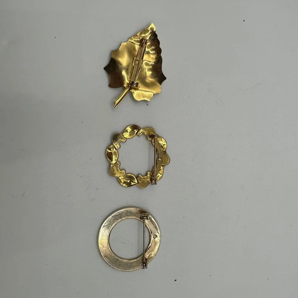 VTG MCM Brooch Lot 3 Gold Tone Leaf Geometric Circle Floral Wreath Pins Coquette